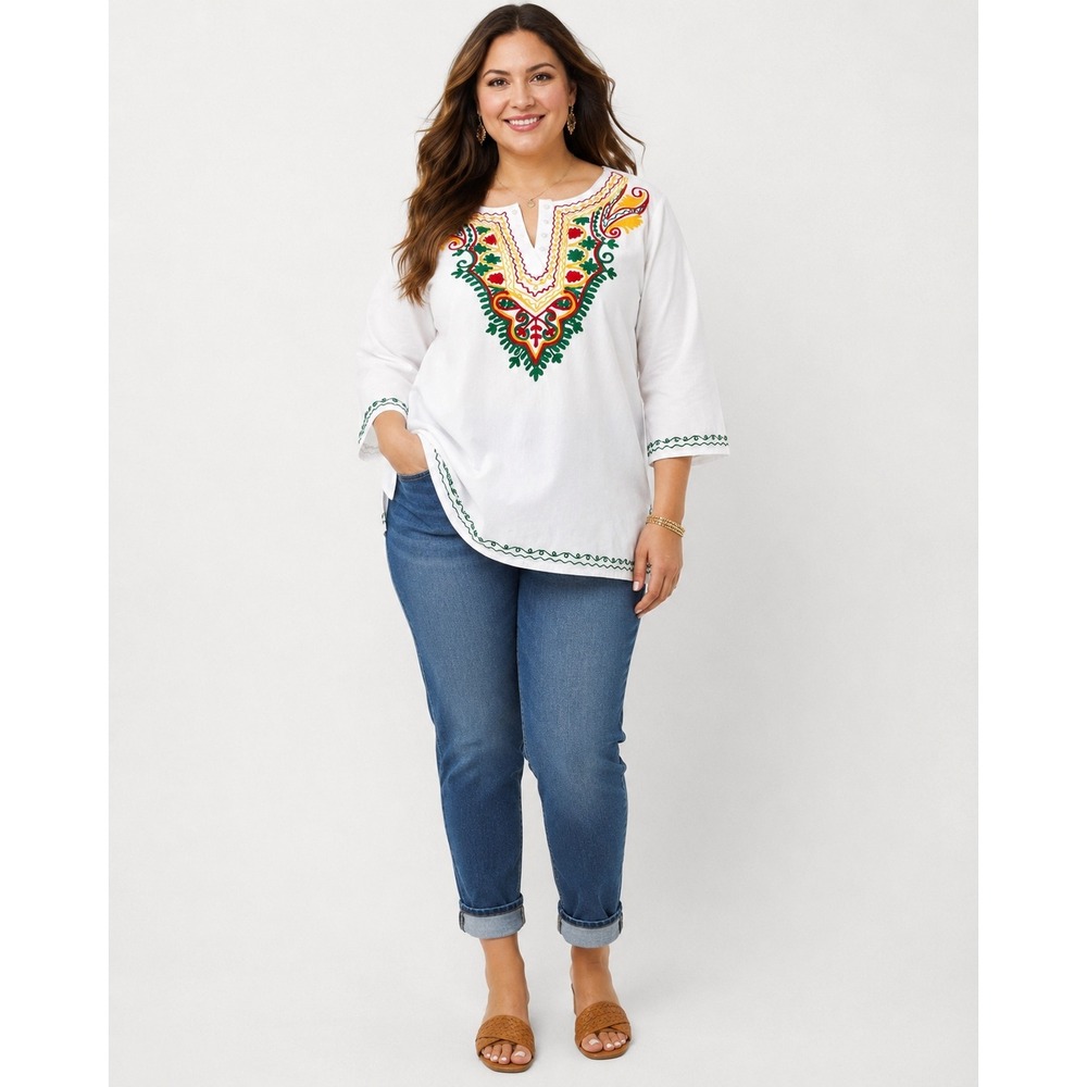 Anandas Collection White Cotton Embroidered Tunic Top 2X Boho Cottagecore India